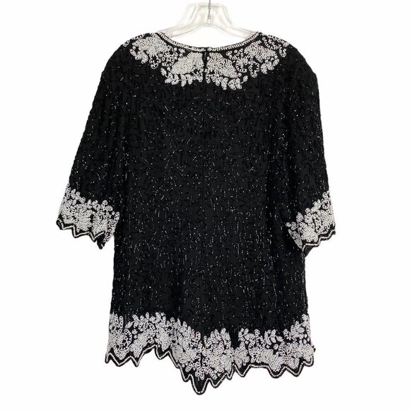 Vtg Beaded Top Blouse Silk Black Black Dressy Party Formal 1X - Picture 3 of 7